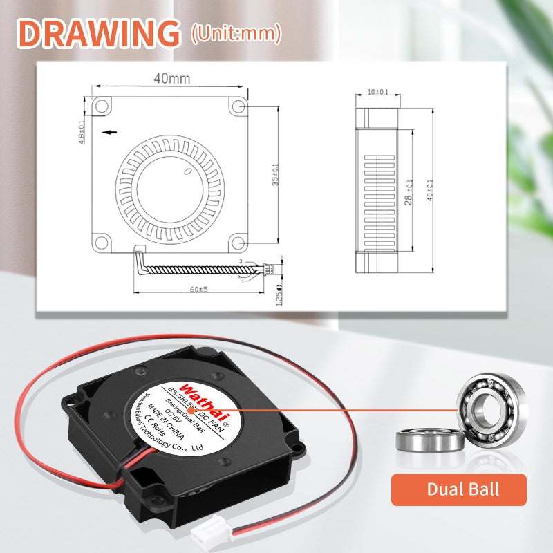 Wathai 2Packs Wathai DC Blower Fan 4010 Radial Cooling Fan 5V 2 Pin DC 40mm x 10mm Dual Ball - Image 5